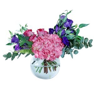 Reverence v-009 Hydrangea pink 1 Deep purple rose 4 Eustoma 5 Round vase