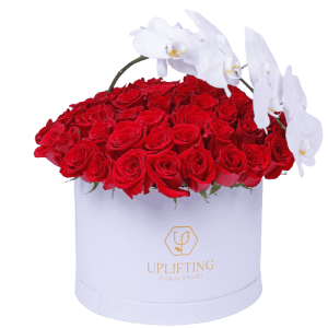 white medium box with red roses