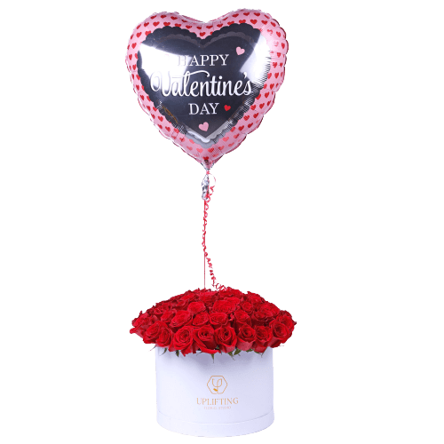 red roses box with balloon