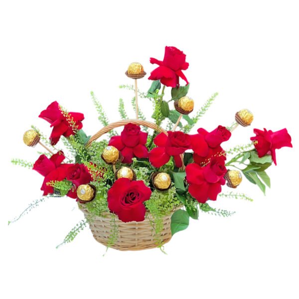 "valentines red roses and chocolate basket"