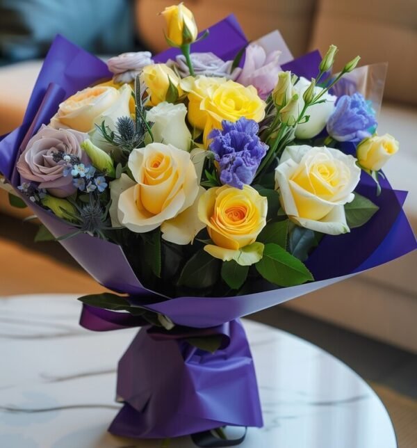 yellow-purple-rose-bouquet