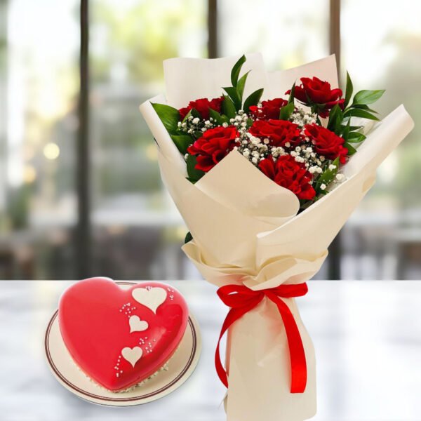 Valentine Combo red roses-bouquet-with-cake